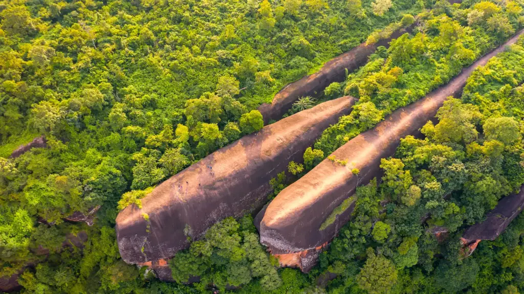 ภาพมุมสูงของหินสามวาฬในอุทยานวนอุทยานภูสิงห์ จังหวัดบึงกาฬ